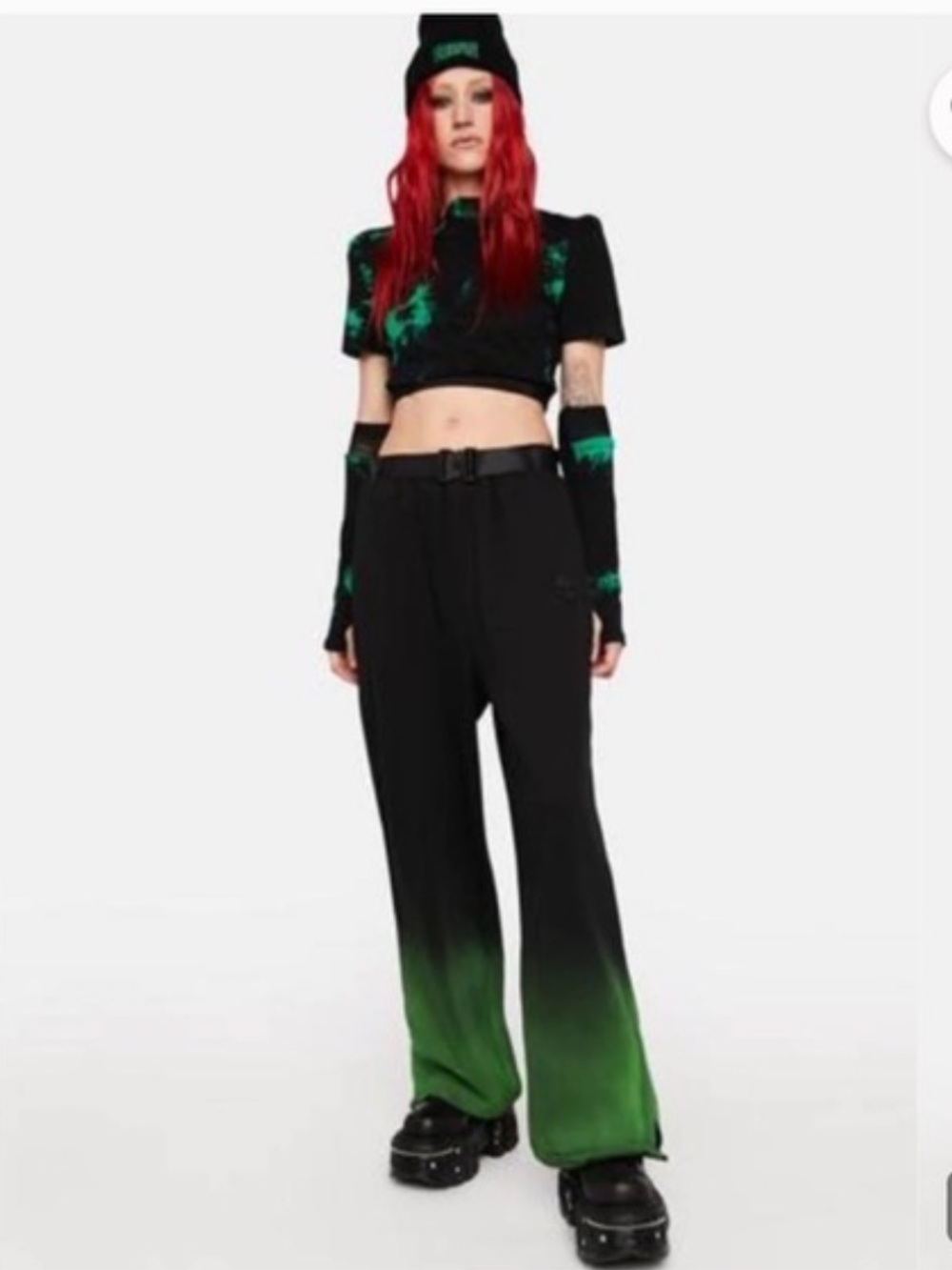 Punk rave gradient pant black green cotton y2k skater wide leg boyfriend